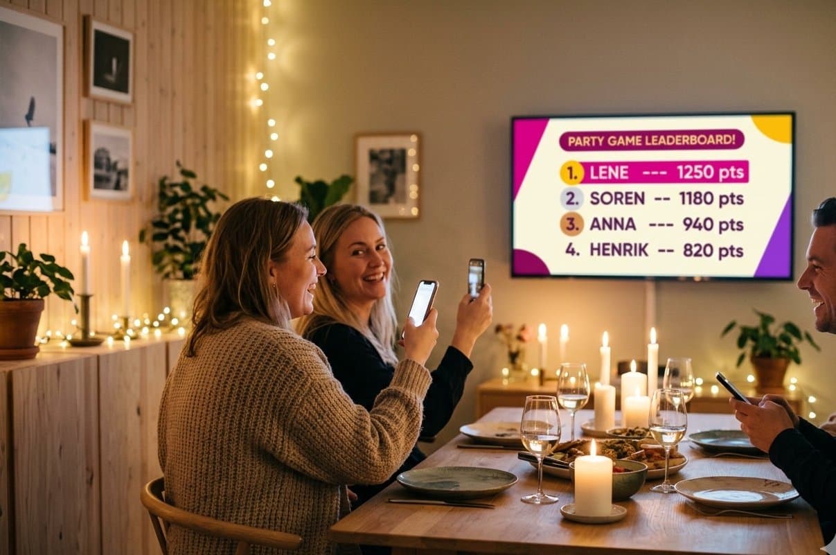 Venner til middag spiller selskapsspill — stillingen vises på TV-en, mens alle har mobilen i hånden.