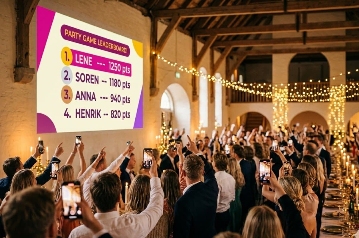 Stor fest hvor spillets stilling er projisert på veggen, mens gjestene heier med mobilen i været.