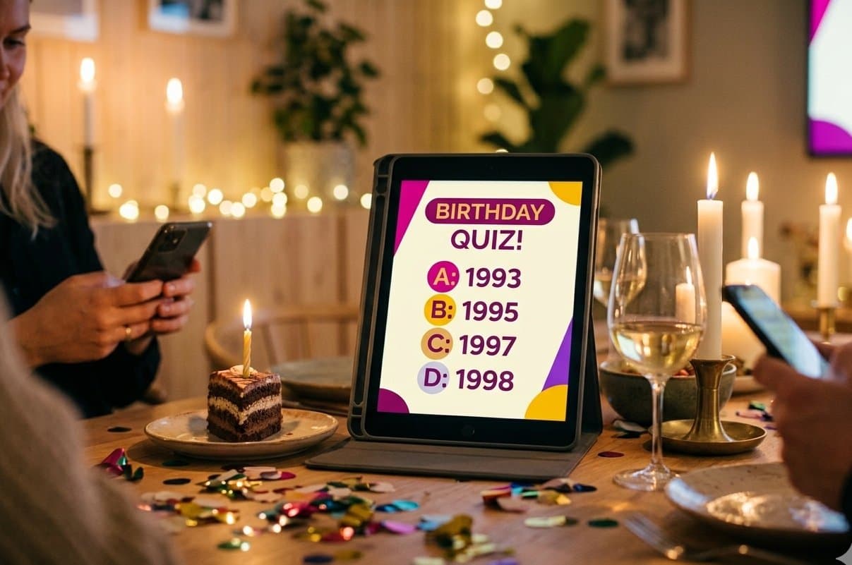 En iPad midt på bordet viser en bursdagsquiz, mens gjestene svarer fra sin egen telefon.