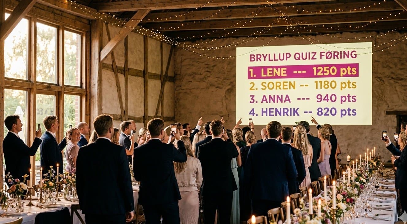 Bryllupsgæster spiller en quiz — stillingen projiceret på væggen, mens alle hepper med mobilen i vejret.