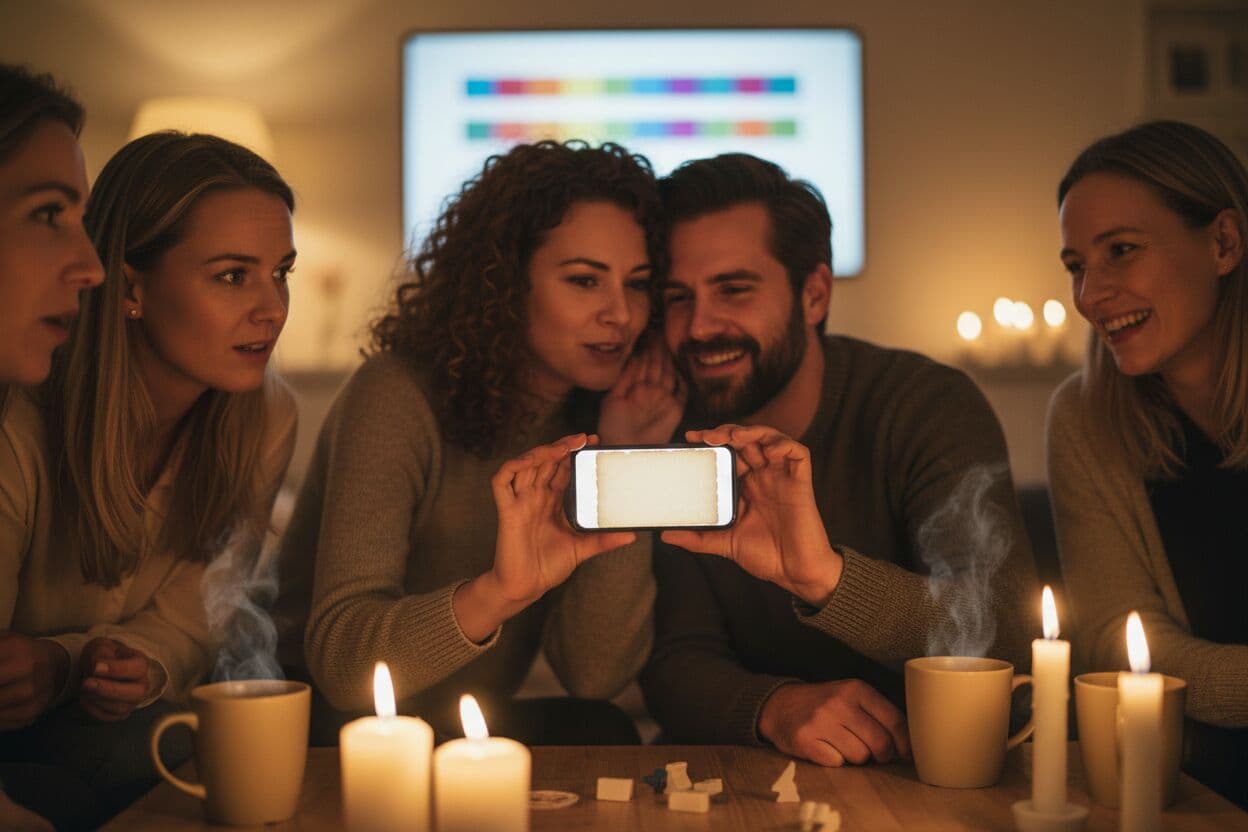 To hvisker bak en mobil, mens en tredje lytter mistenksomt