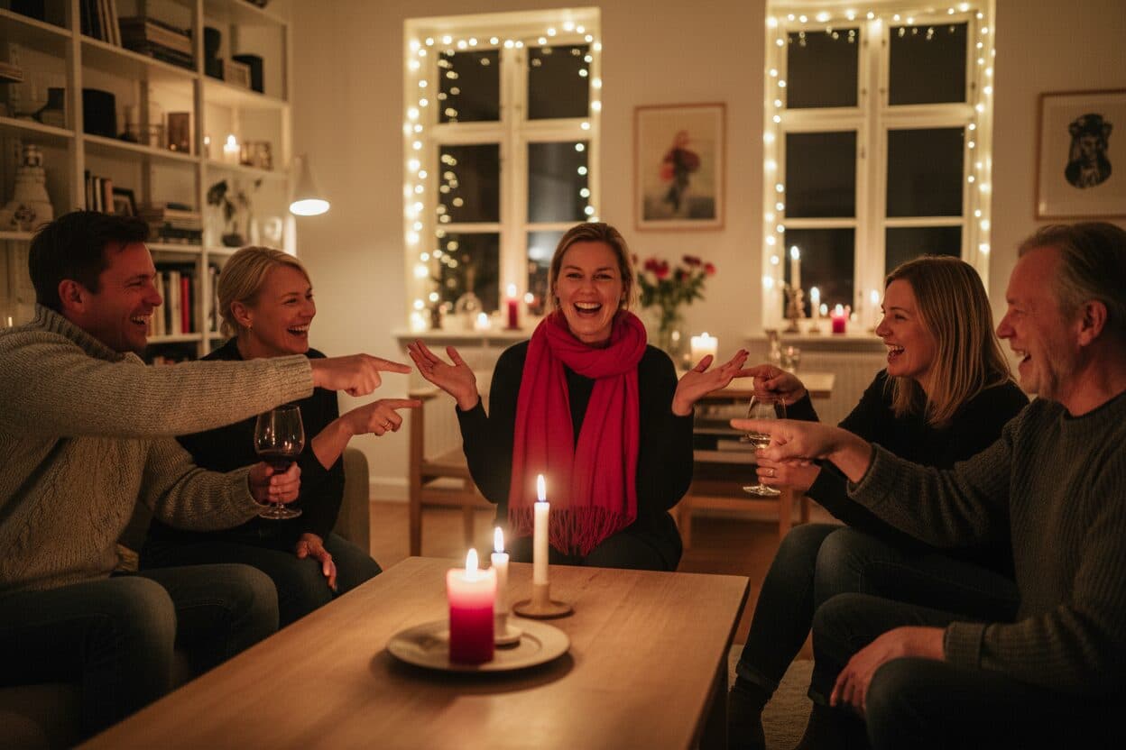 En gjeng venner peker anklagende på én som kaster opp hendene i spilt uskyld