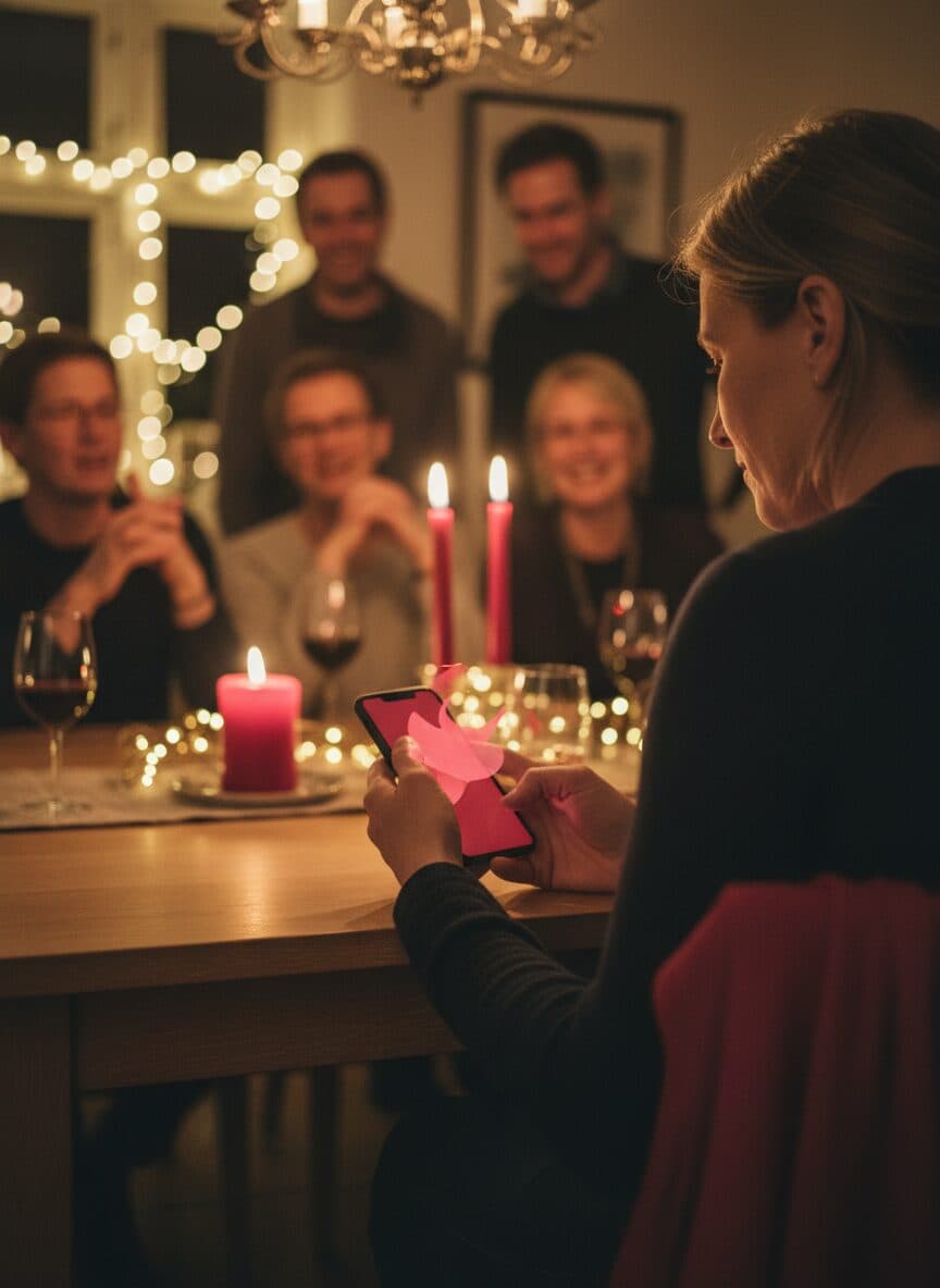 En gjest skjuler telefonen med hånden, skjermen lyser mørkerødt