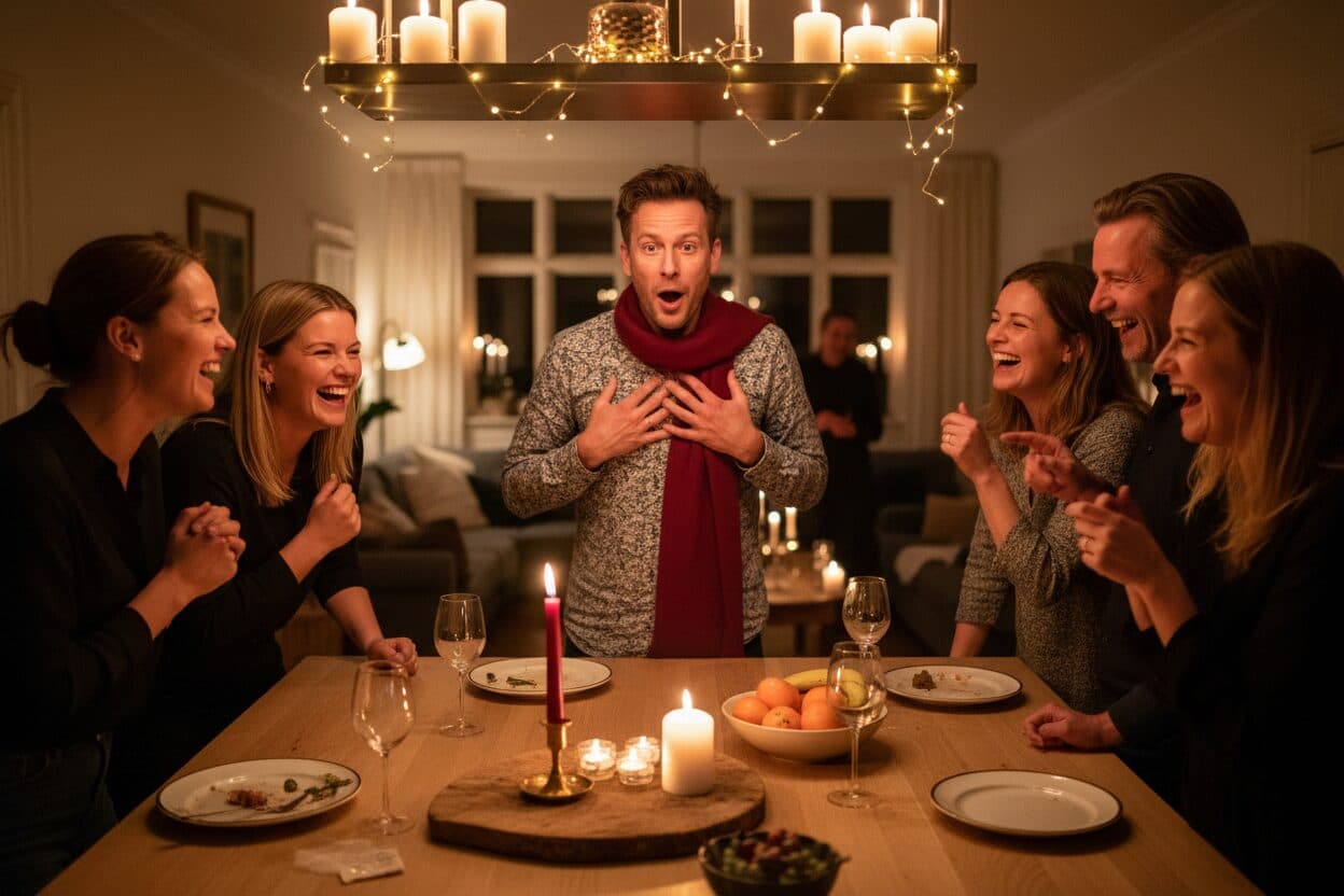 En gjest griper dramatisk etter brystet etter å ha blitt tatt på fersk gjerning, mens vennene ler