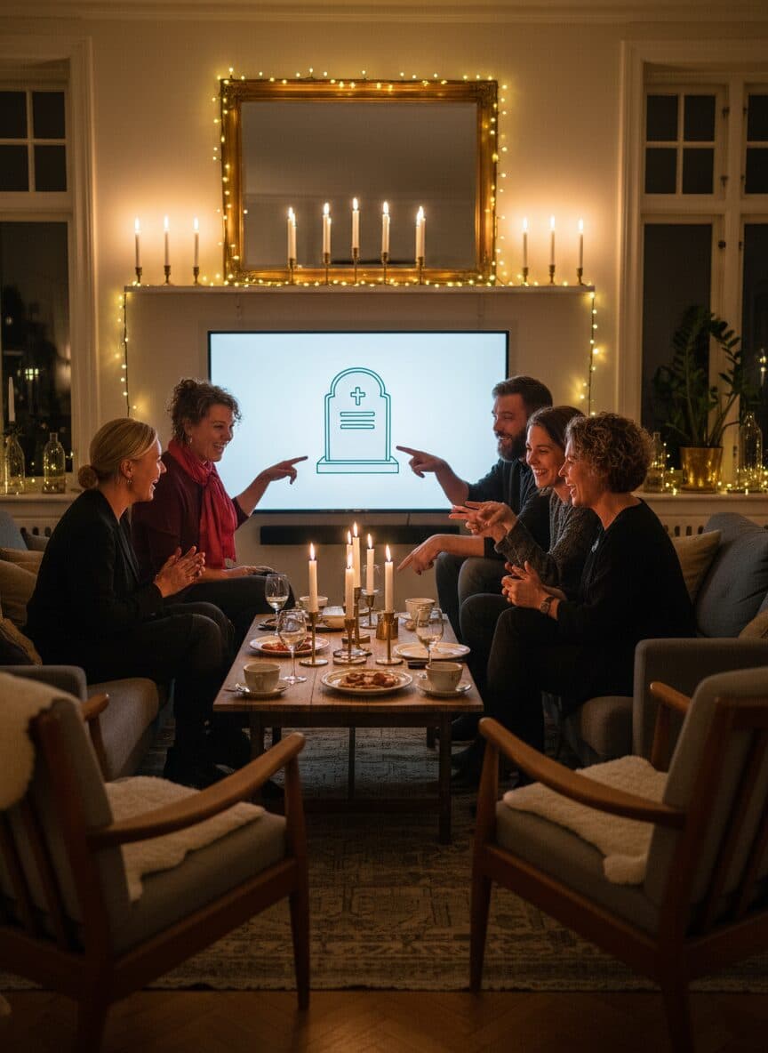 En stor TV viser en grå gravstein mens gjestene peker og ler