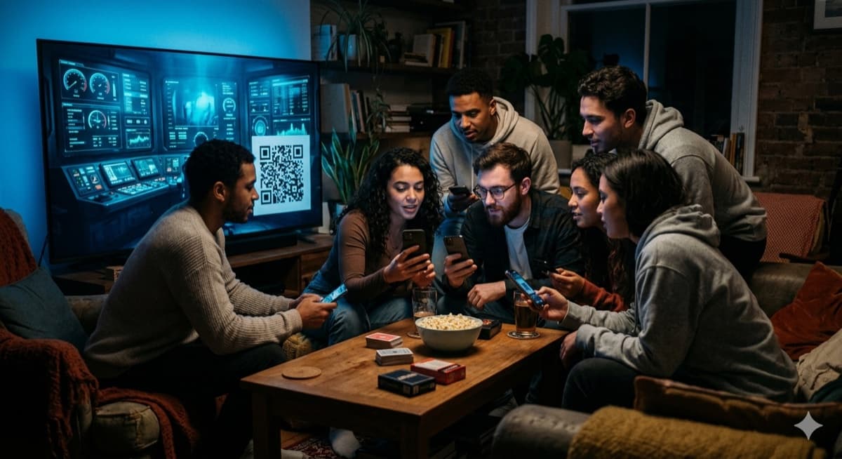 Friends at a game night scan the QR code on the big screen and become the crew