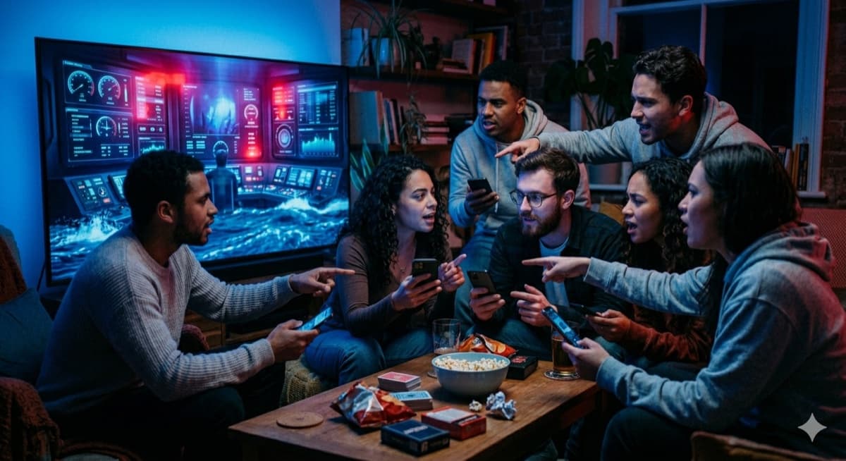 The crew talk intensely as the deep-sea station's alarms glow red on the big screen