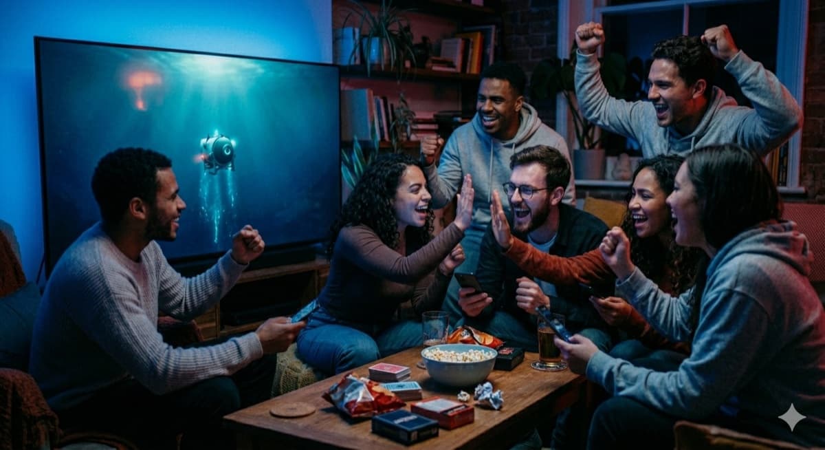 The crew cheer as the escape pod rises through the dark ocean on the big screen