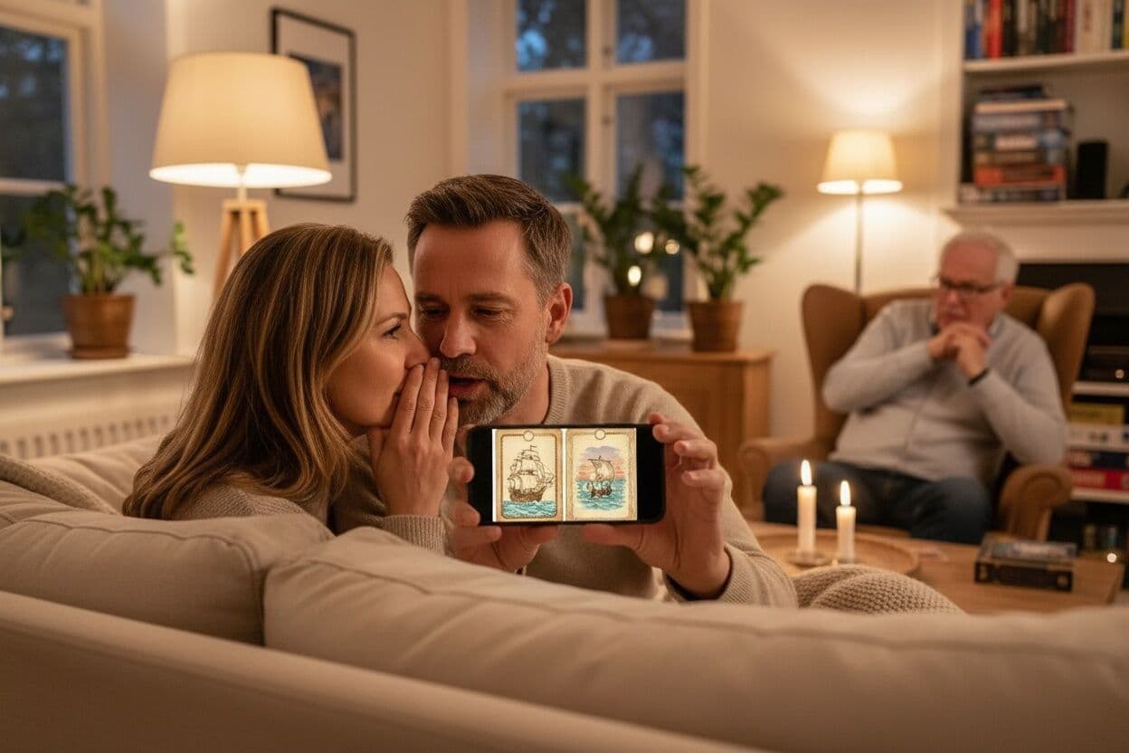 To lagkamerater hvisker og legger planer bak mobilen, mens en rival skuler mistenksomt