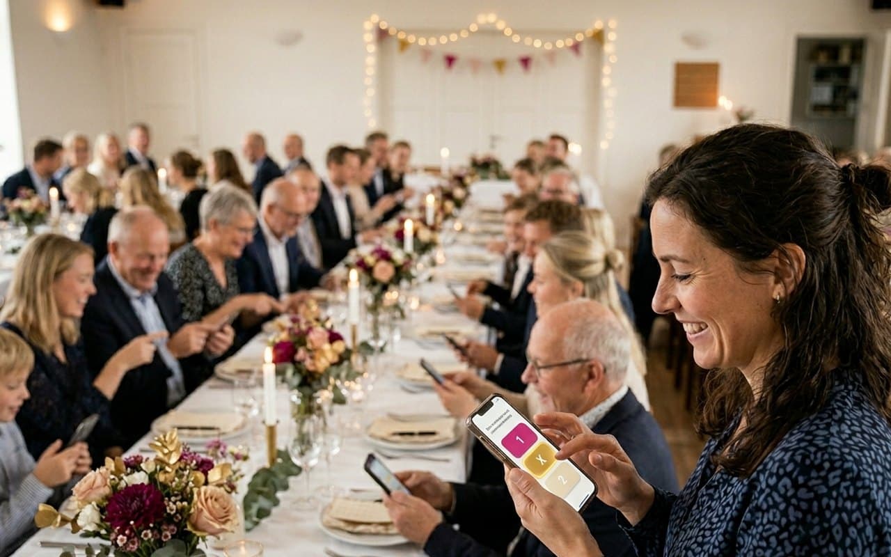 Gjester til en konfirmasjon tipper på mobilen ved de pyntede bordene