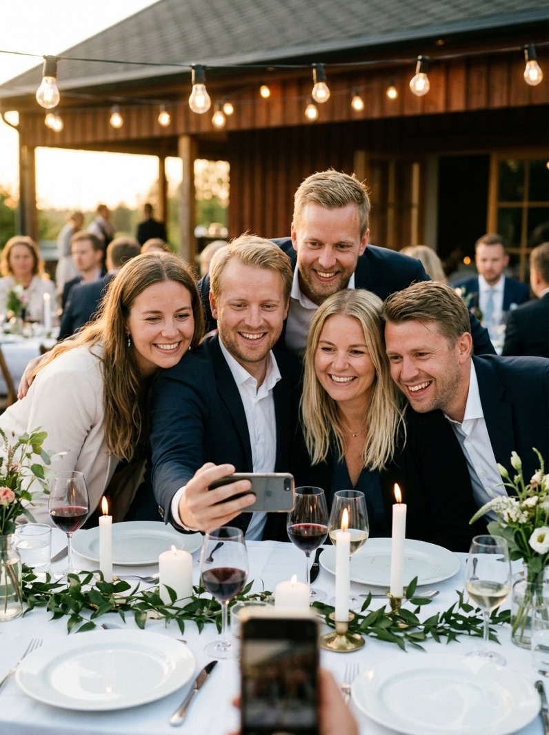 Bordet, stearinlysene og den selfie, alle ved bordet tog på samme tid.